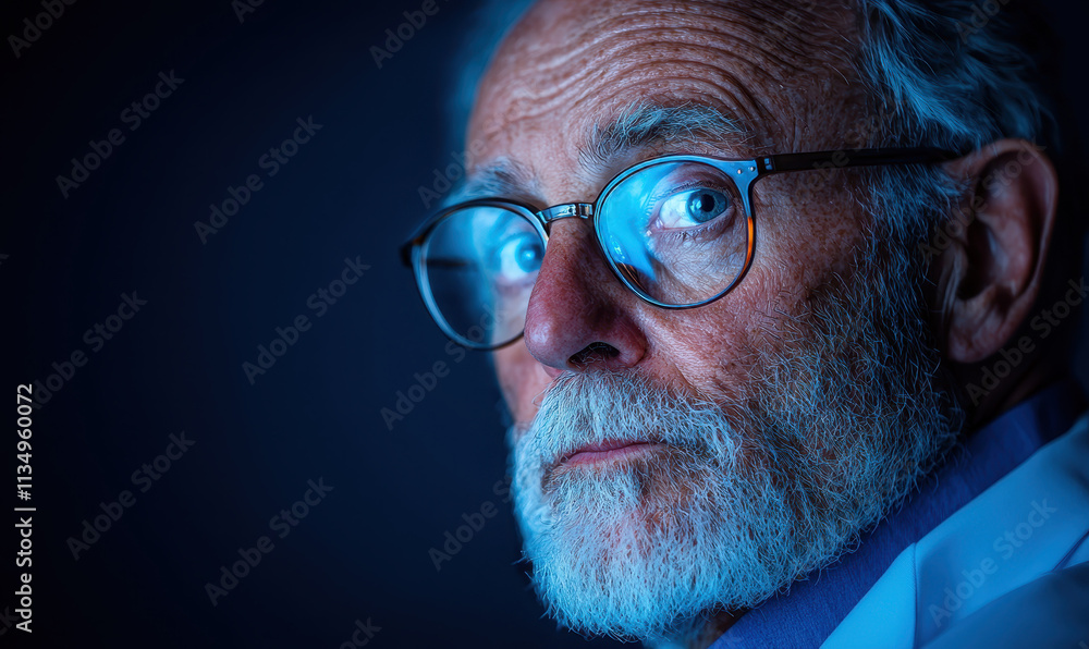Profound Portrait of a Thoughtful Elderly Man with Glasses in Deep Blue Hue Reflecting Wisdom and Experience Profound Portrait of a Thoughtful Elderly Man with Glasses in Deep Blue Hue Reflecting Wisdom and Experience