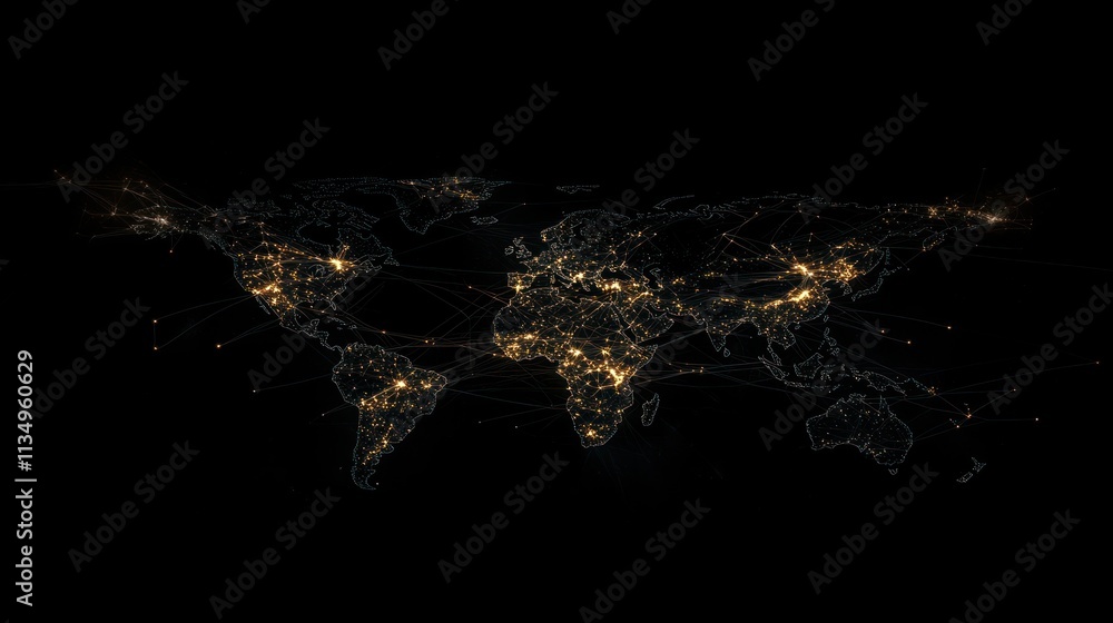 Fototapeta premium Global network connections, illuminated world map.
