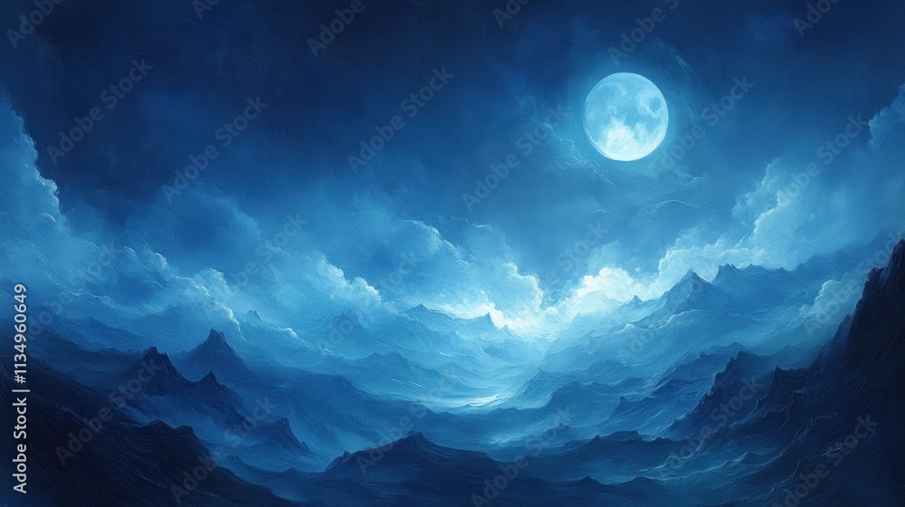 Serene moonlit landscape with ethereal clouds and majestic mountains under starlit sky Serene moonlit landscape with ethereal clouds and majestic mountains under starlit sky