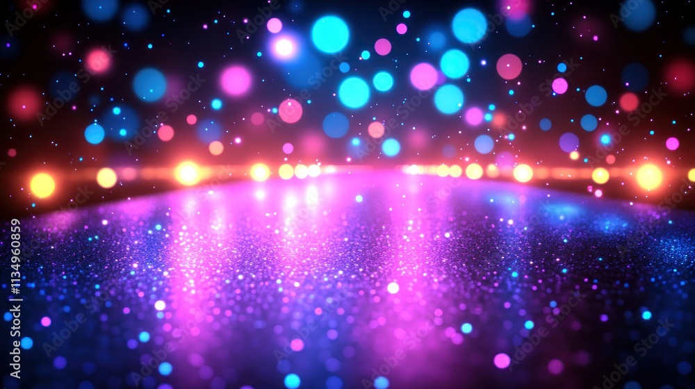 Fototapeta premium Colorful light bubbles dance over a sparkling surface, creating a festive celebration vibe