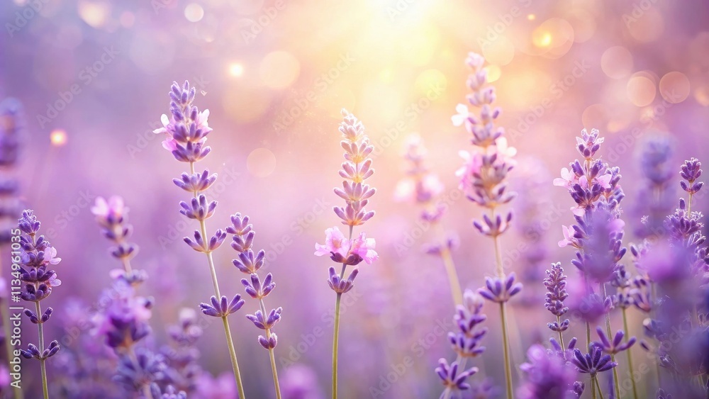 Naklejka premium A Field of Lavender Blooms Bathed in the Golden Light of Sunset, Creating a Dreamy and Tranquil Atmosphere