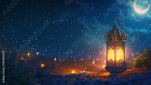 Ramadan Nightscape: A majestic ornate lantern glows warmly under a crescent moon and starry night sky, casting a magical ambiance over a distant landscape of twinkling lights.