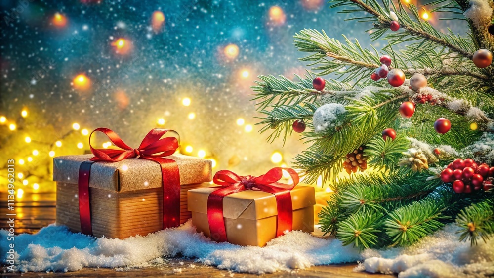 Festive Christmas Background Featuring Gift Boxes, Fir Tree Branches, and Delicate Snowflakes for a Cozy Holiday Atmosphere Festive Christmas Background Featuring Gift Boxes, Fir Tree Branches, and Delicate Snowflakes for a Cozy Holiday Atmosphere