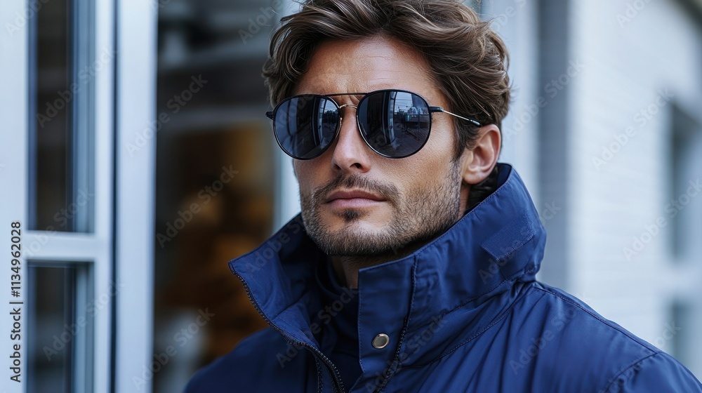 With a cool demeanor, a man in sunglasses showcases trendy fashion in an urban setting With a cool demeanor, a man in sunglasses showcases trendy fashion in an urban setting