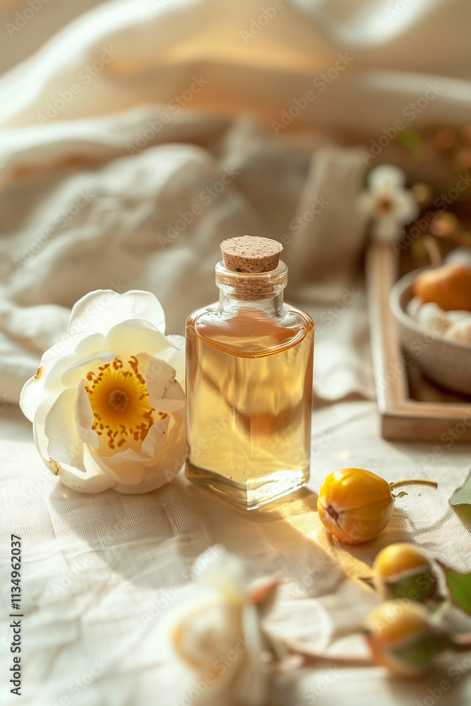 Crystal bottle of light golden essential oil with white rose hips and rose flower Crystal bottle of light golden essential oil with white rose hips and rose flower