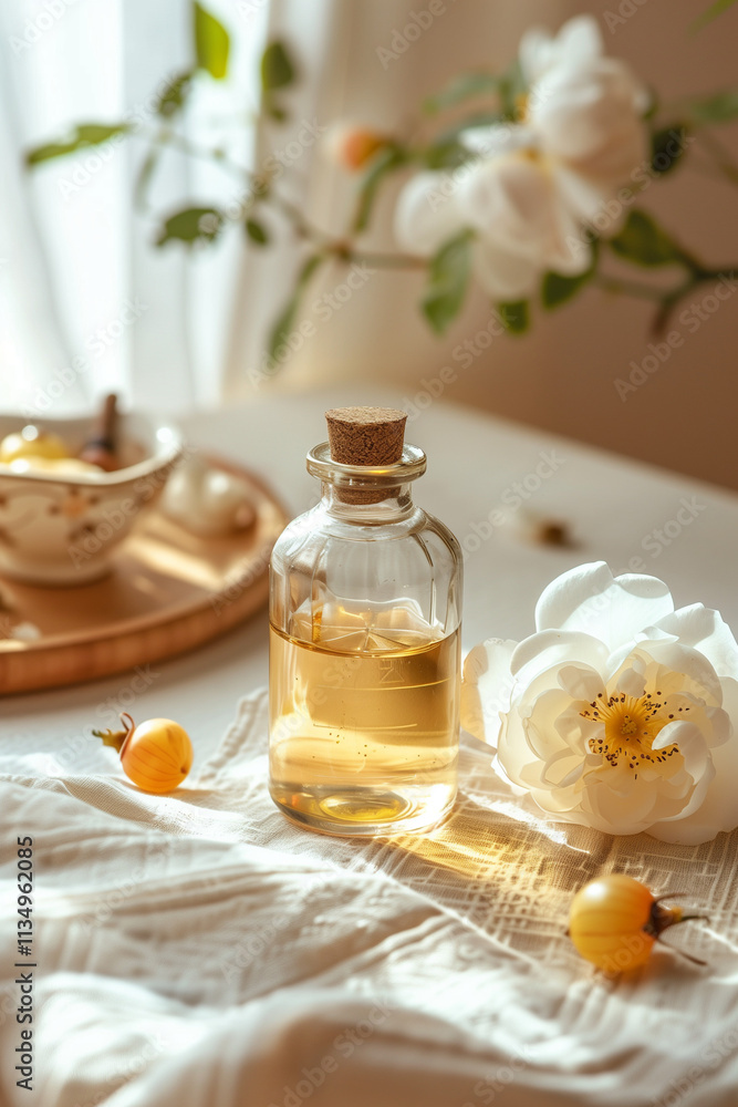 Crystal bottle of light golden essential oil with white rose hips and rose flower Crystal bottle of light golden essential oil with white rose hips and rose flower