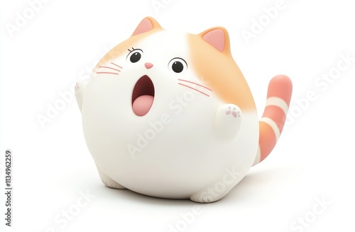 Adorable 3D render of a chubby surprised cat.