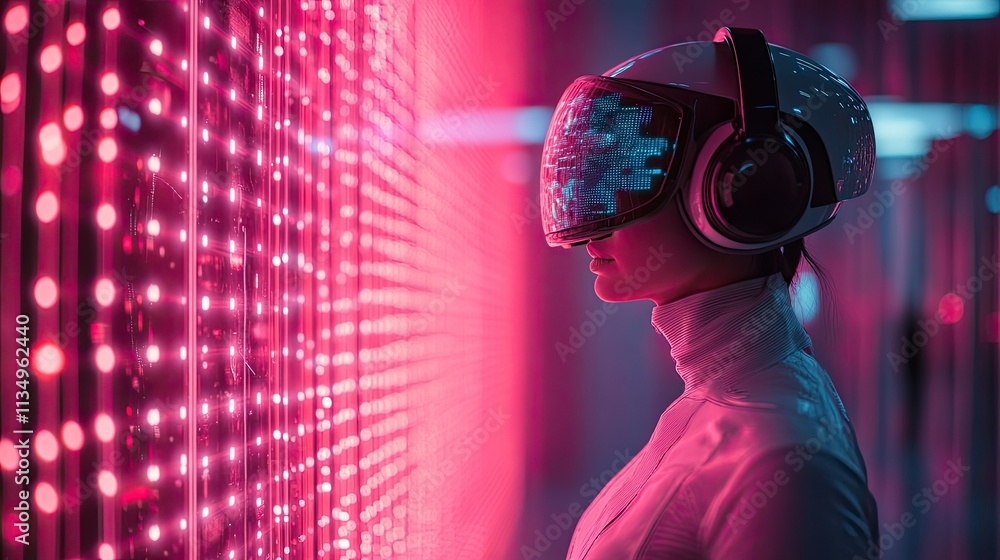 Woman in futuristic helmet exploring digital world Woman in futuristic helmet exploring digital world