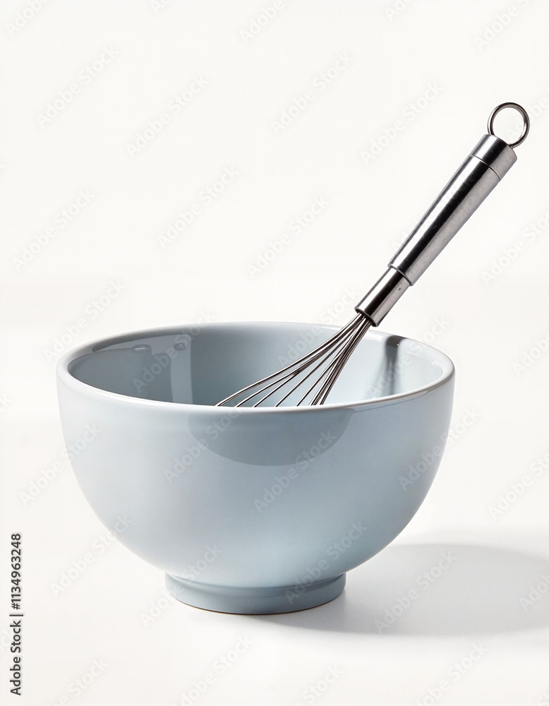 Minimalist Ceramic Bowl and Steel Whisk on White Background with Copy Space
Minimalist Ceramic Bowl and Steel Whisk on White Background with Copy Space
