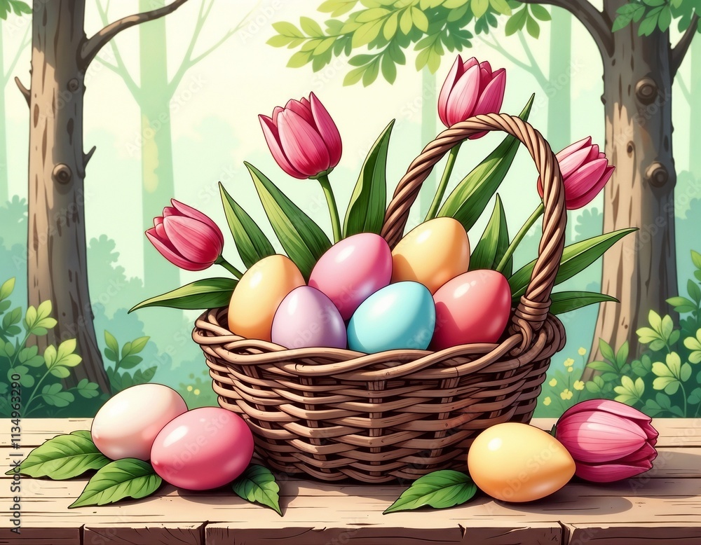 Naklejka premium Rustic Easter Basket with Pastel Eggs and Pink Tulips on Wooden Table