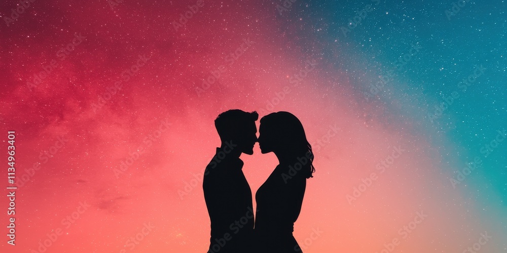 A romantic silhouette of a couple against a vibrant, colorful night sky, evoking feelings of love and connection. A romantic silhouette of a couple against a vibrant, colorful night sky, evoking feelings of love and connection.