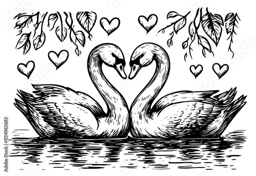 Swans of love on the water among hearts vector birds