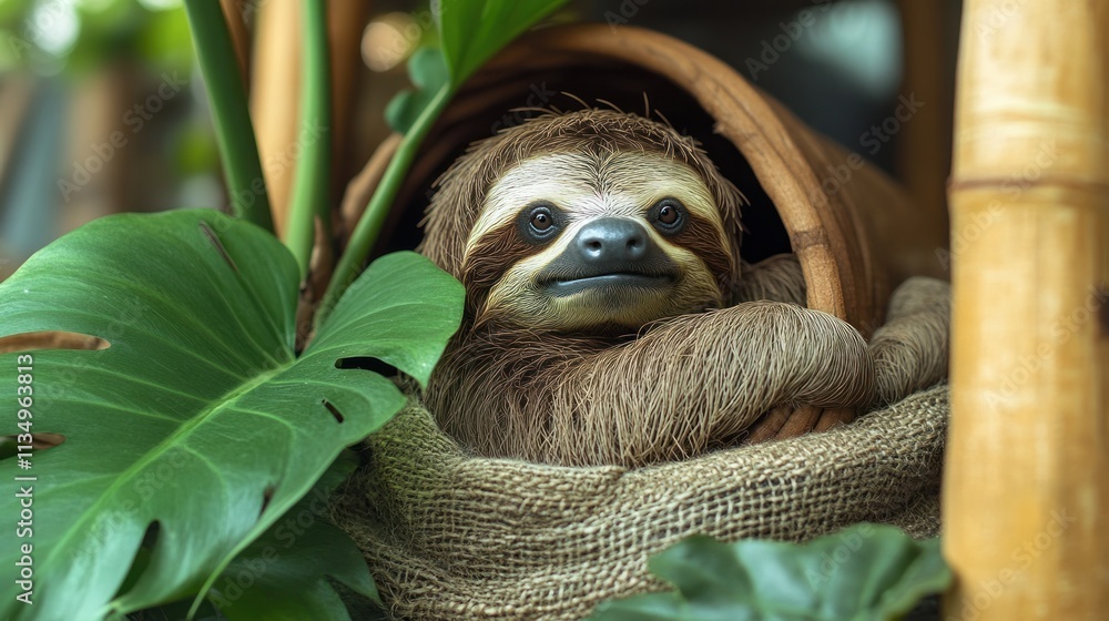 Fototapeta premium A relaxed sloth enjoys a tranquil moment while surrounded by lush greenery and natural textures