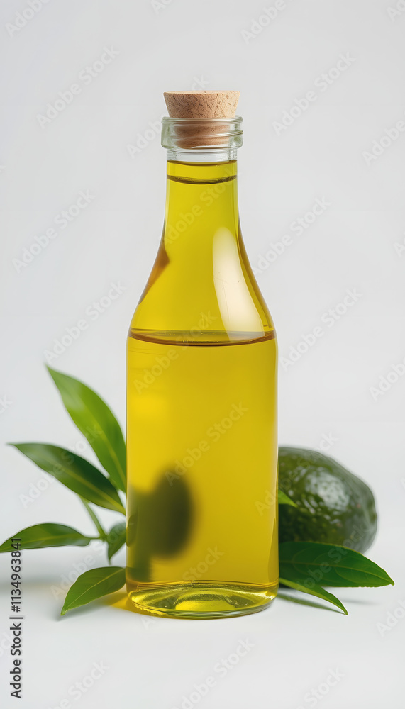 Fresh avocado oil in a bottle for cosmetic and massage use , natural, pure, avocado, oil, skin care, beauty, studio photography, with white tones Fresh avocado oil in a bottle for cosmetic and massage use , natural, pure, avocado, oil, skin care, beauty, studio photography, with white tones