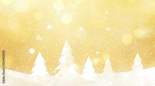 White Christmas trees in the snow against a golden background with bokeh lights and sparkles.