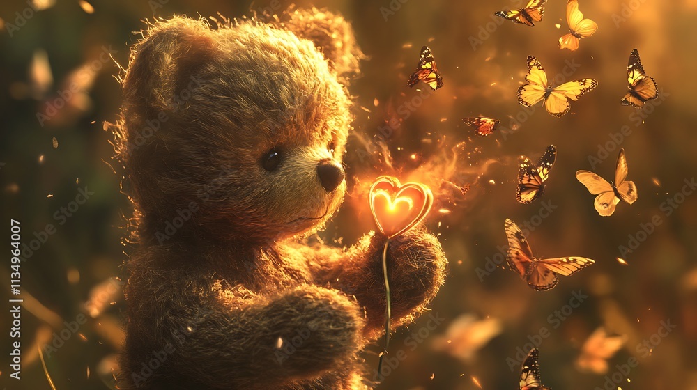 A teddy bear holding a glowing heart surrounded by flying butterflies A teddy bear holding a glowing heart surrounded by flying butterflies