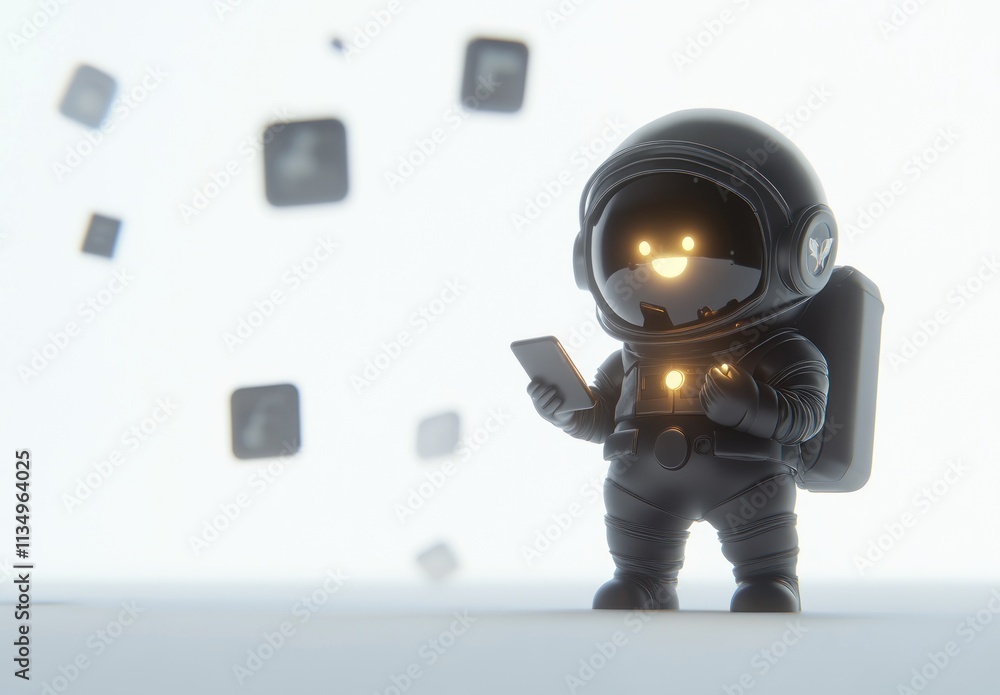 Cute astronaut using smartphone with app icons. Cute astronaut using smartphone with app icons.