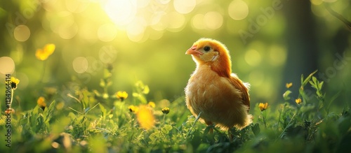 Cute fluffy chick in sunny meadow.