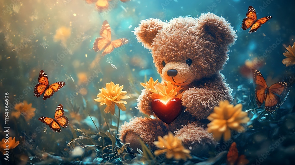A Teddy Bear Holding a Red Heart Amidst Butterflies and Flowers A Teddy Bear Holding a Red Heart Amidst Butterflies and Flowers