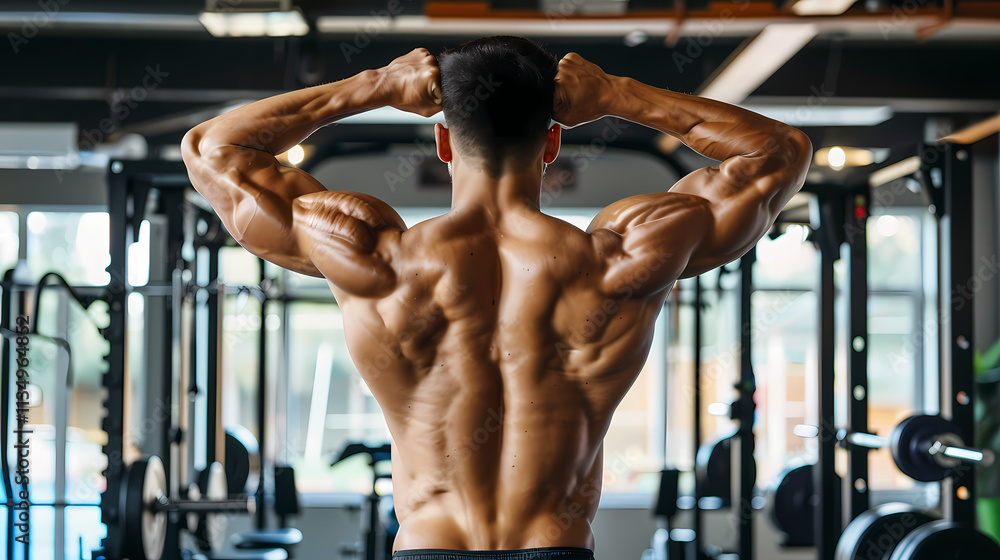 Sculpted Back Muscles: A rear view of a muscular man showcasing his highly defined back muscles in a gym setting. The image emphasizes the results of intense training and dedication. 