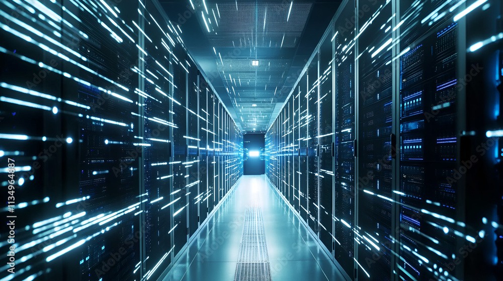 Fototapeta premium Shot of Corridor in Working Data Center Full of Rack Servers and Supercomputers with Internet connection, Generative AI
