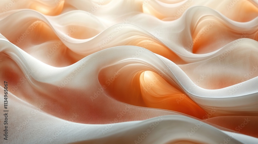 Undulating layers of sheer fabric blend soft white and warm peach tones, creating a dreamy effect Undulating layers of sheer fabric blend soft white and warm peach tones, creating a dreamy effect