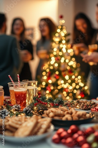 Christmas food and drinks with colleagues celebrating in background