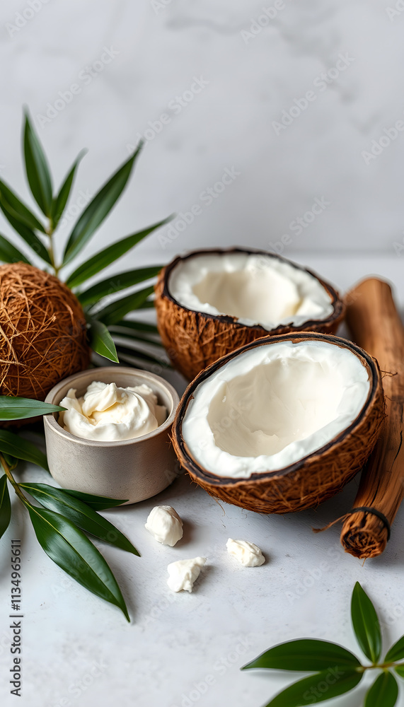 Eco natural coconut butter and moisturising cream preparing for home spa, craft clay, with white tones Eco natural coconut butter and moisturising cream preparing for home spa, craft clay, with white tones