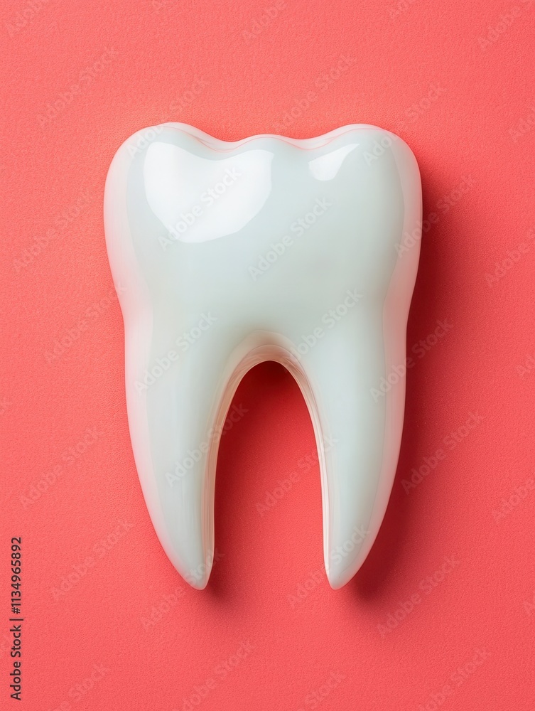 Single White Tooth Model on Red Background Dental Health Care Single White Tooth Model on Red Background Dental Health Care