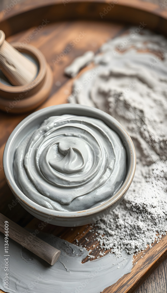 Bowl with gray cosmetic clay cream and clay powder on wooden tray - mineral bentonite facial mask. Skincare beauty concept. Selective focus, with white tones