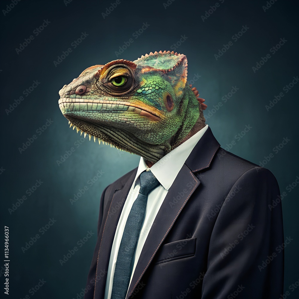 A portrait of a chameleon wearing a suit and tie, facing the camera with a serious expression, against a dark gradient background.
A portrait of a chameleon wearing a suit and tie, facing the camera with a serious expression, against a dark gradient background.