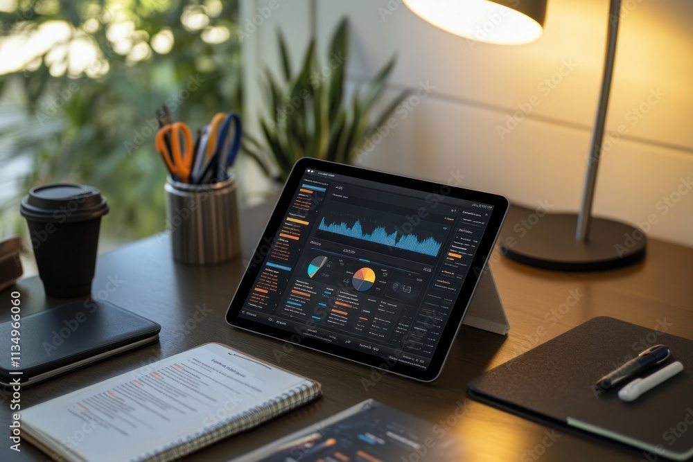 Tablet displaying data analytics on a desk with office supplies. Tablet displaying data analytics on a desk with office supplies.