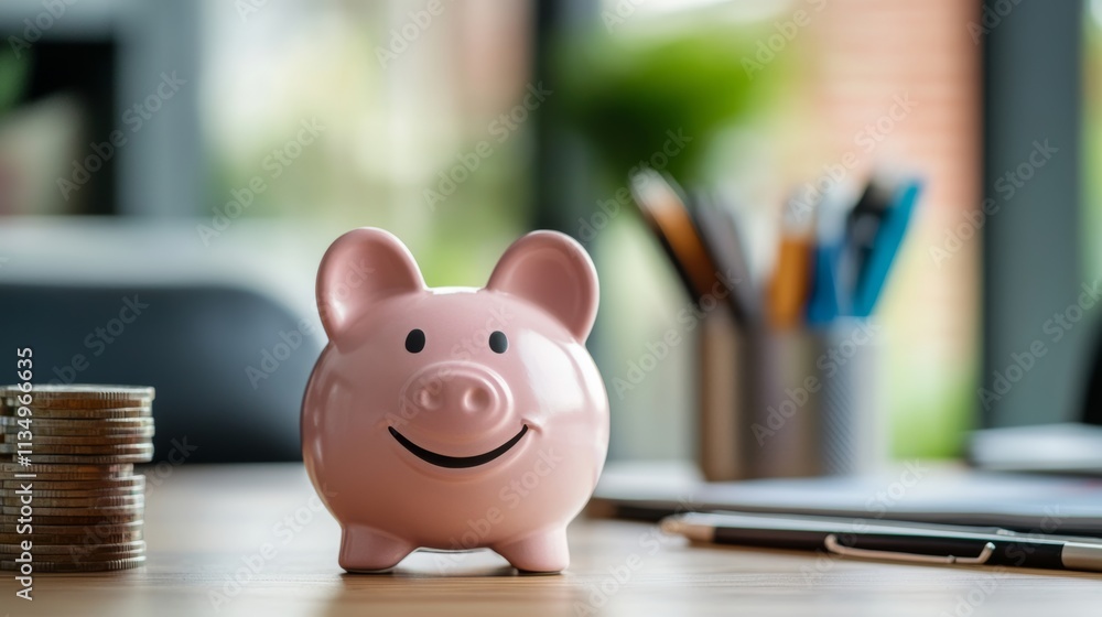 Financial security and happiness, an organized home office with financial planning tools and a person smiling confidently Financial security and happiness, an organized home office with financial planning tools and a person smiling confidently