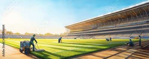 A vibrant scene of ground staff tending to a lush green sports field under a clear blue sky, preparing for an upcoming event.