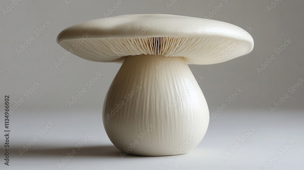 Close-up of a single, off-white, ceramic mushroom model on a light gray background. Close-up of a single, off-white, ceramic mushroom model on a light gray background.