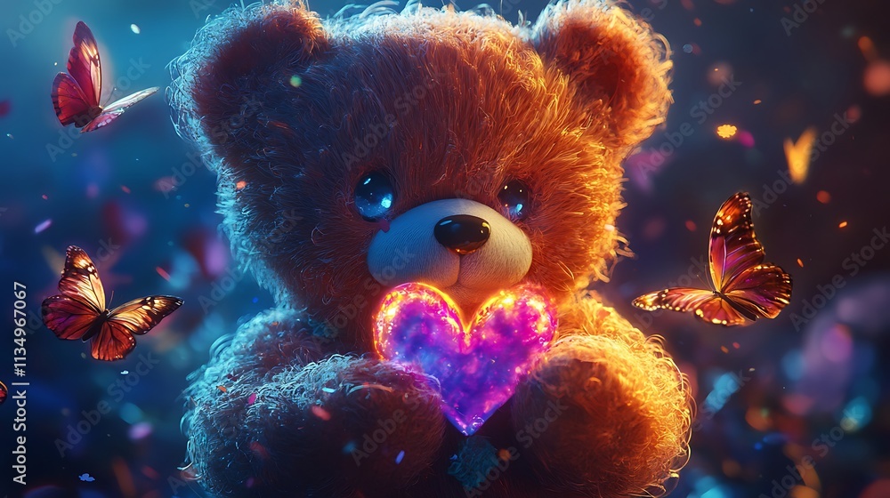 A fuzzy brown teddy bear holds a glowing purple heart with butterflies flying around it. A fuzzy brown teddy bear holds a glowing purple heart with butterflies flying around it.
