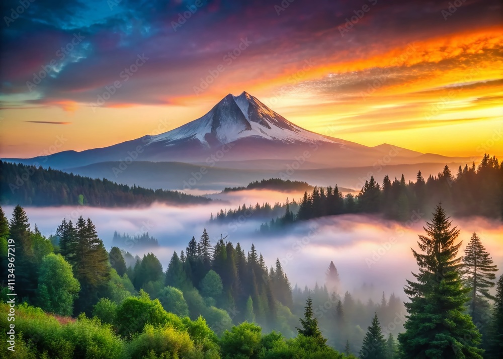 Foggy Sunrise Over Mount Hood in Oregon, Capturing the Serene Beauty of Nature with Soft Light and Lush Greenery, Ideal for Landscape Photography and Travel Enthusiasts Foggy Sunrise Over Mount Hood in Oregon, Capturing the Serene Beauty of Nature with Soft Light and Lush Greenery, Ideal for Landscape Photography and Travel Enthusiasts