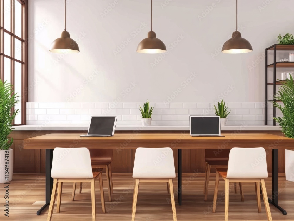 Modern Workspace with Wooden Table and Laptops, Bright Ambient Light Enhancing Minimalist Interior Design with Greenery and Cozy Atmosphere Modern Workspace with Wooden Table and Laptops, Bright Ambient Light Enhancing Minimalist Interior Design with Greenery and Cozy Atmosphere