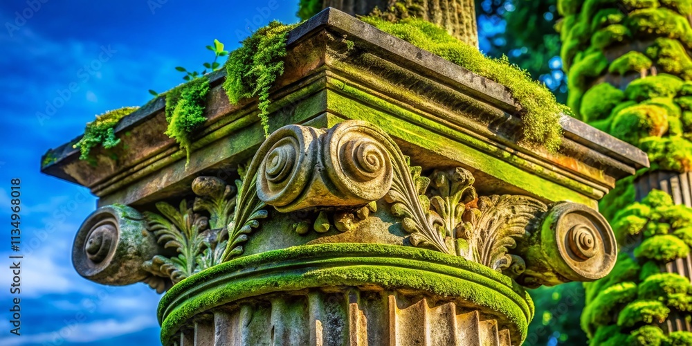 Fototapeta premium Fragment of an Ancient Column Surrounded by Lush Greenery, Captured in Panoramic Photography Showcasing the Beauty of Historical Architecture and Nature's Harmony