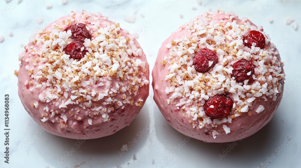 Colorful sweet treats with a creamy pink base, adorned with nuts and cherries, inviting indulgence Colorful sweet treats with a creamy pink base, adorned with nuts and cherries, inviting indulgence