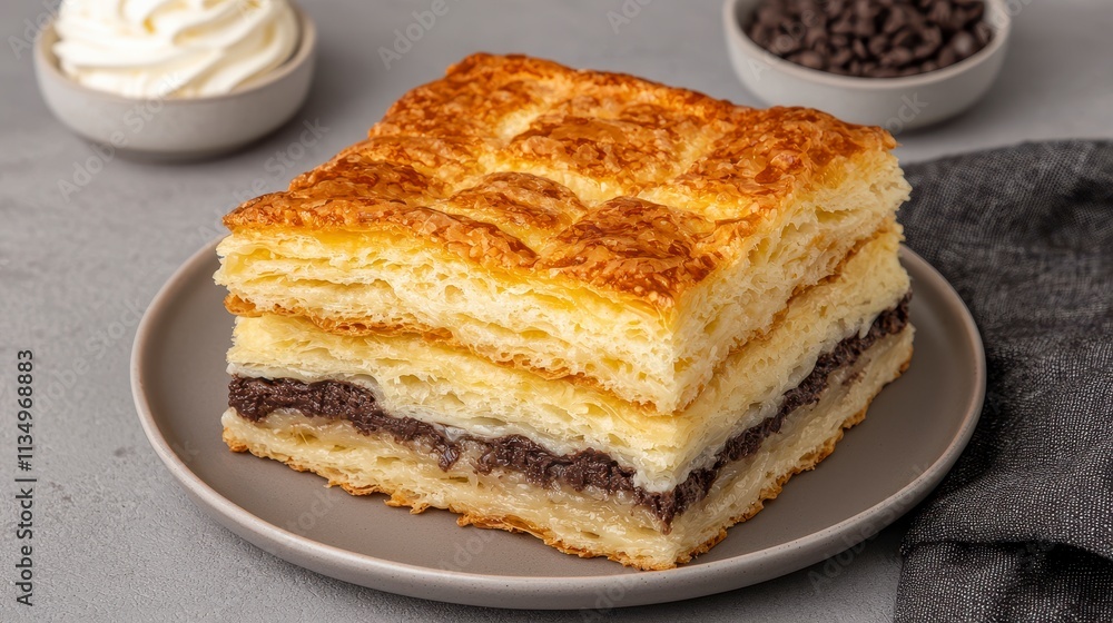 Delicious Layered Pastry with Chocolate Filling and Flaky Crust Delicious Layered Pastry with Chocolate Filling and Flaky Crust