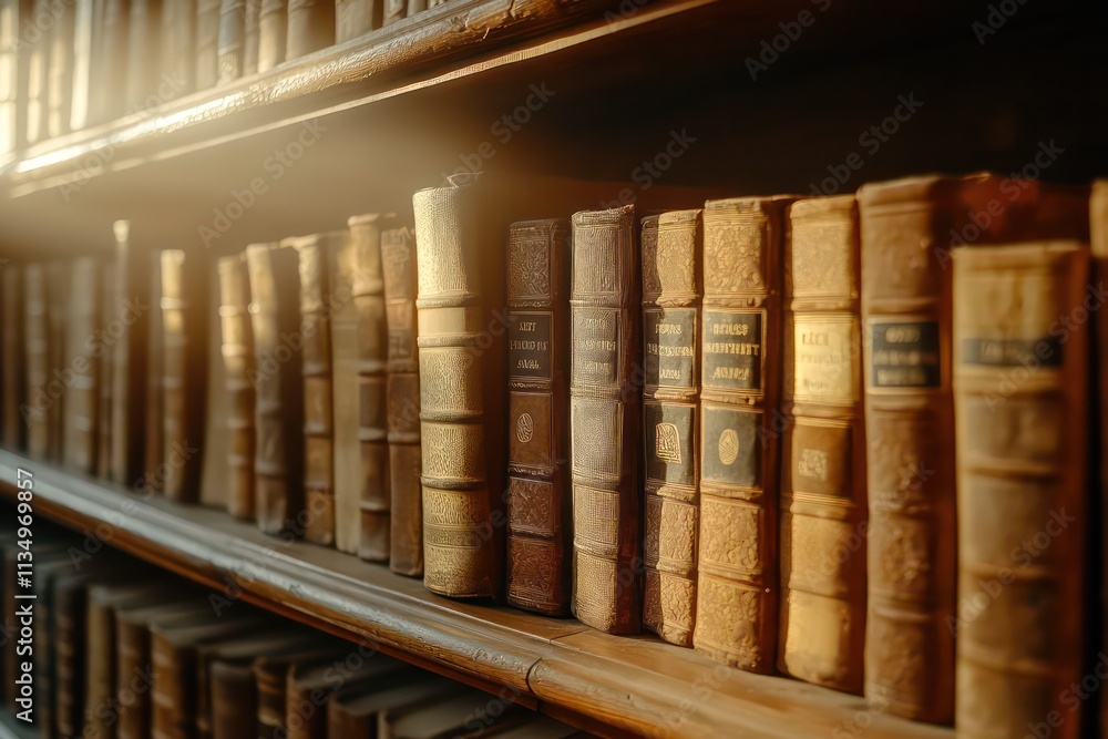 A close-up of antique books on a wooden shelf, illuminated by soft light. A close-up of antique books on a wooden shelf, illuminated by soft light.