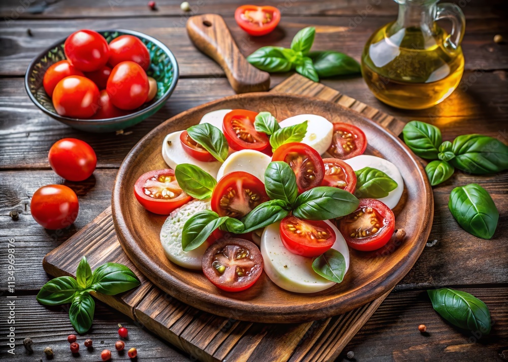 Fresh Caprese Salad Plated on Rustic Wooden Board with Mozzarella, Ripe Tomatoes, and Fragrant Basil Leaves, Perfect for Healthy Eating and Culinary Inspiration Fresh Caprese Salad Plated on Rustic Wooden Board with Mozzarella, Ripe Tomatoes, and Fragrant Basil Leaves, Perfect for Healthy Eating and Culinary Inspiration