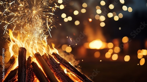 A cultural and festive scene for Bonfire Night with bonfires, fireworks, and traditional Guy Fawkes effigies against a warm and festive background photo