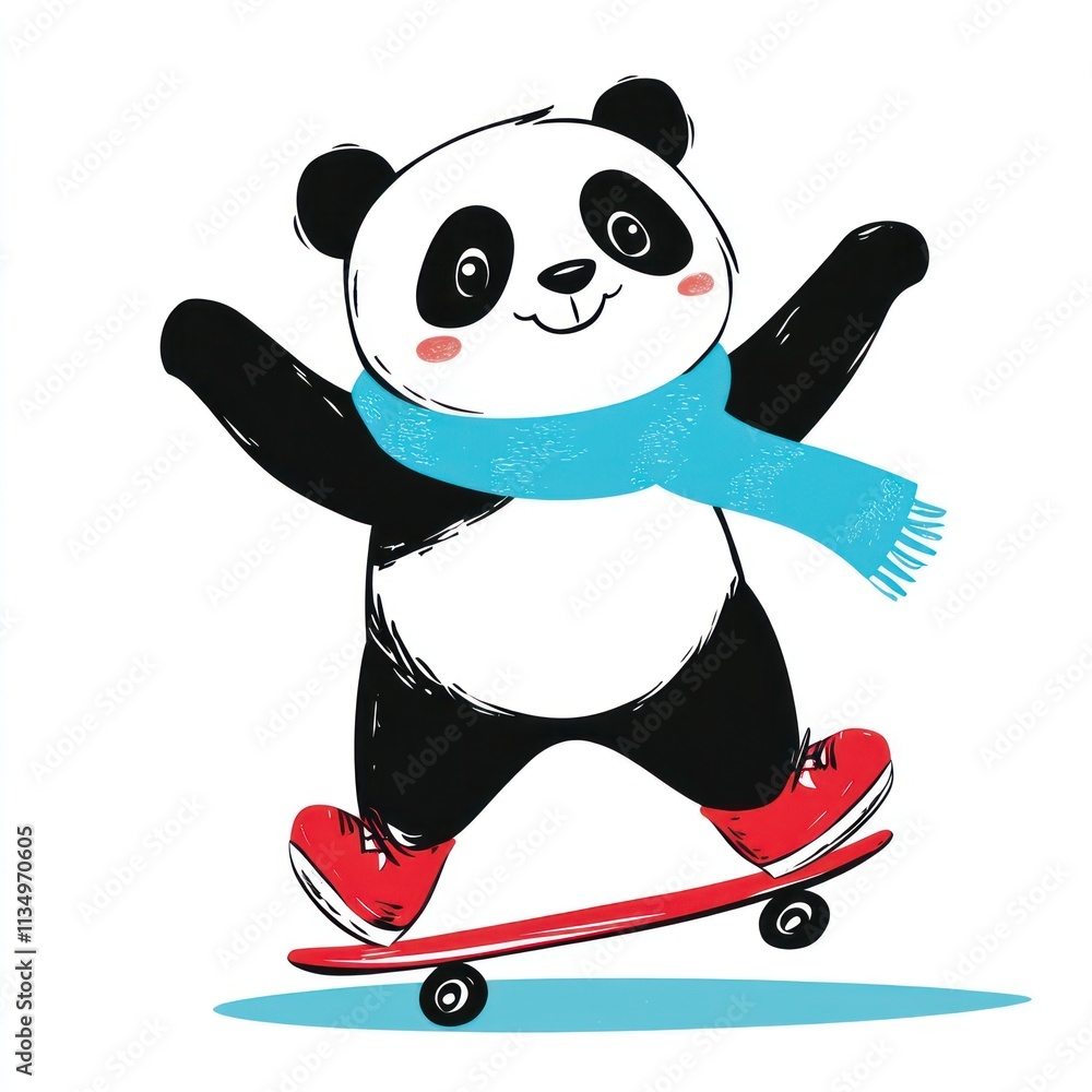 Happy panda skateboarding, wearing a scarf and red shoes. Happy panda skateboarding, wearing a scarf and red shoes.