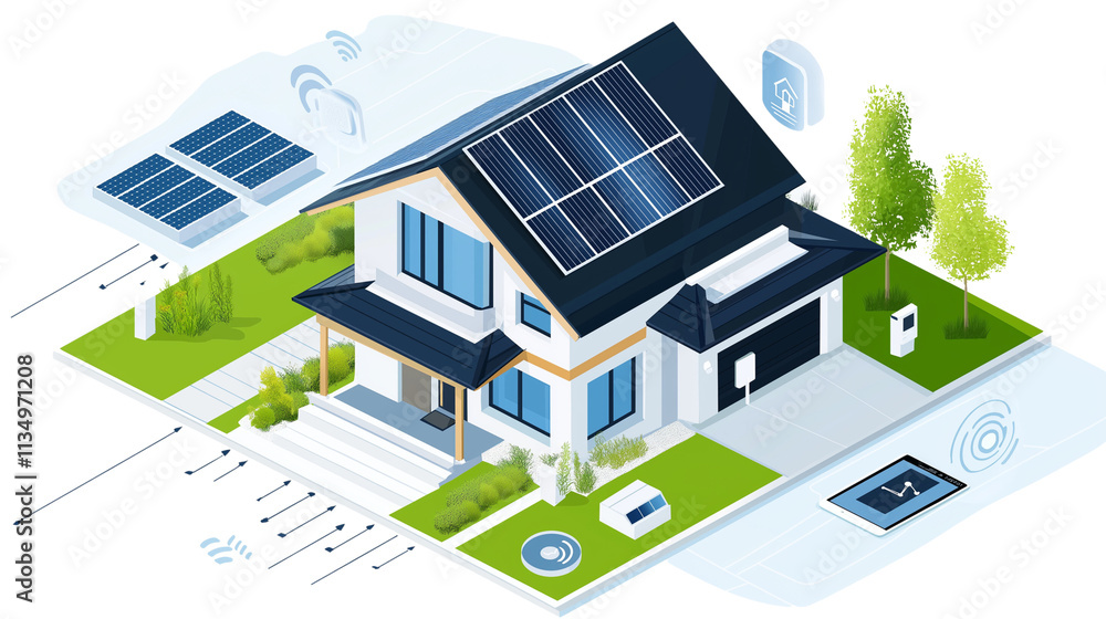 Modern Home with Solar Panel Integration on a Sleek Residential House. Modern Home with Solar Panel Integration on a Sleek Residential House.