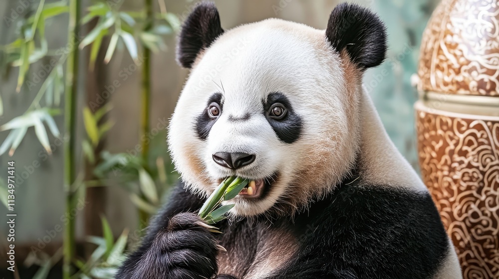 Naklejka premium Panda Enjoying Fresh Bamboo Up Close