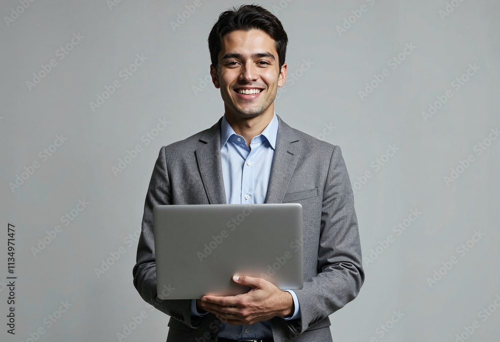 Young Smiling Male Teacher Holding Laptop Isolated on Gray Background for Business Branding Young Smiling Male Teacher Holding Laptop Isolated on Gray Background for Business Branding