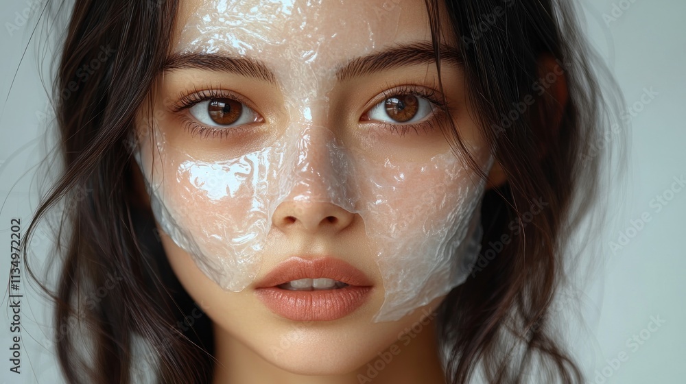 A young woman applies a transparent skincare mask in a bright and calming indoor environment A young woman applies a transparent skincare mask in a bright and calming indoor environment