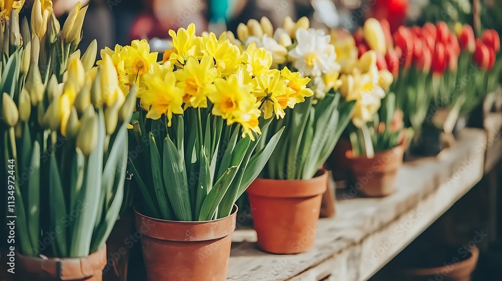 Yellow daffodils potted flowers spring bloom market display Yellow daffodils potted flowers spring bloom market display